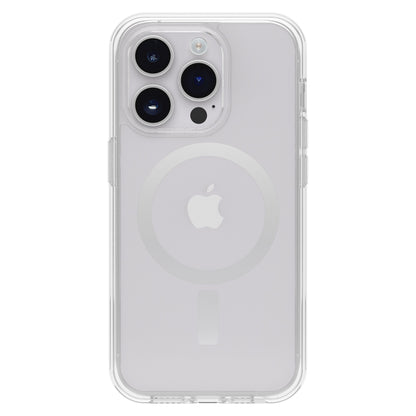 Otterbox Symmetry Plus cover til iPhone 14 Pro Klar på sølv-model med synligt Apple-logo og tre kameralinser.
