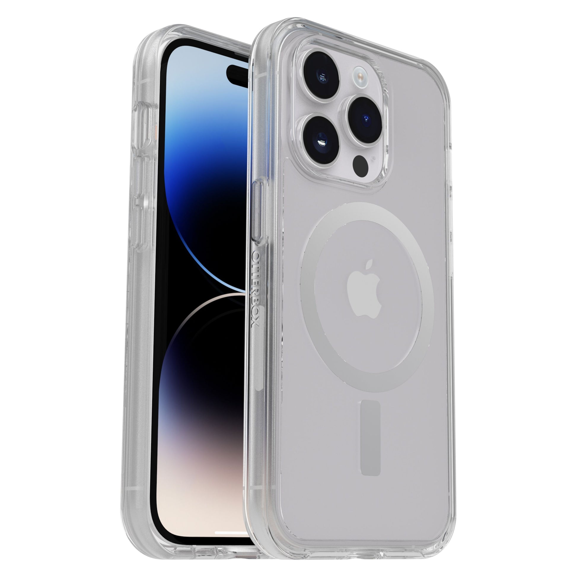 Otterbox Symmetry Plus cover til iPhone 14 Pro klar med MagSafe-ring om kamera og blå-sort gradient på skærmen.