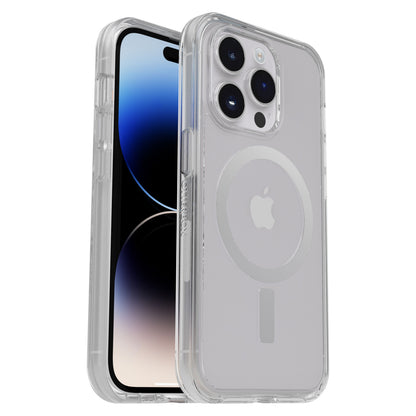 Otterbox Symmetry Plus cover til iPhone 14 Pro klar med MagSafe-ring om kamera og blå-sort gradient på skærmen.