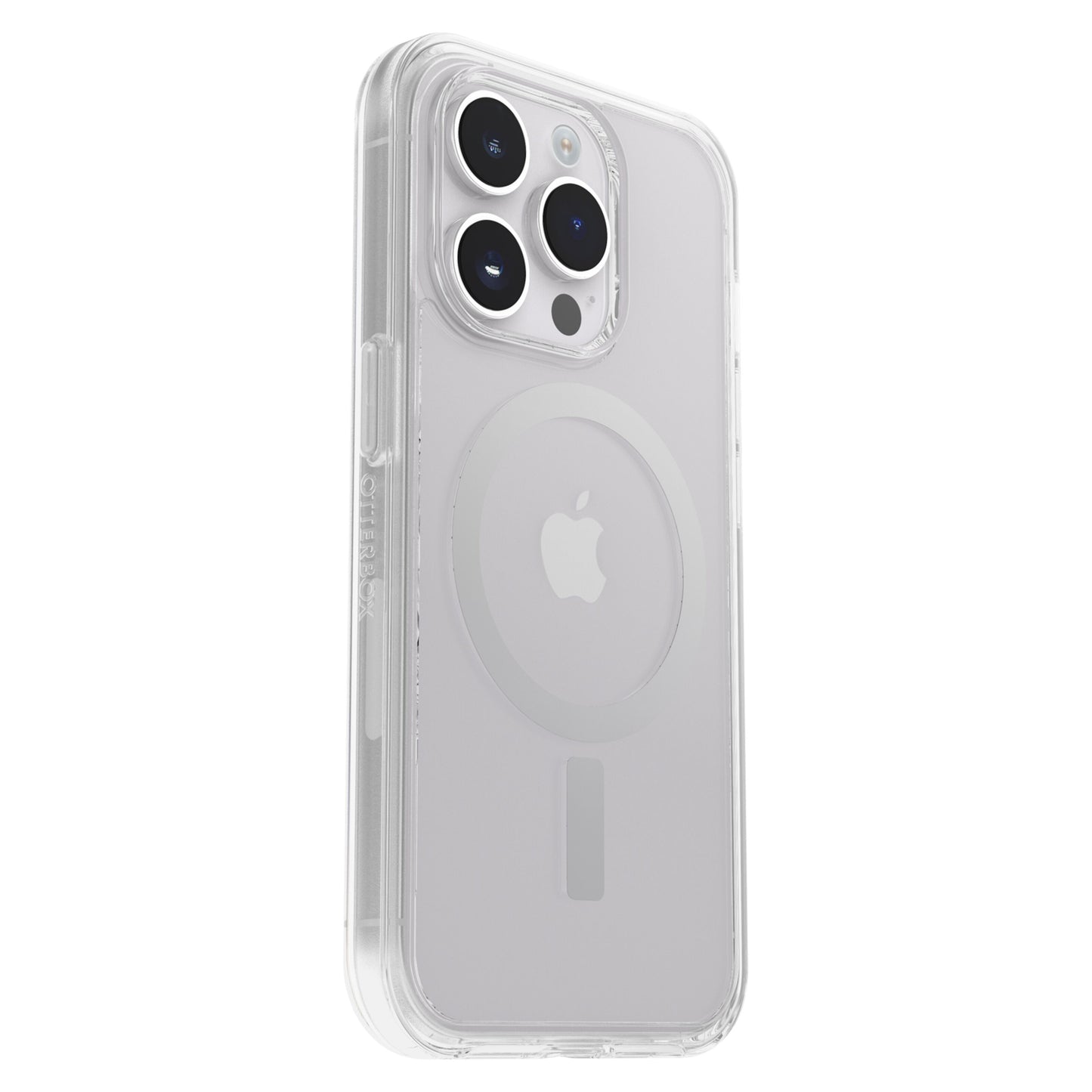 Otterbox Symmetry Plus cover til iPhone 14 Pro klar, viser sølvfarve, Apple-logo, MagSafe-ring og tre kameralinser.