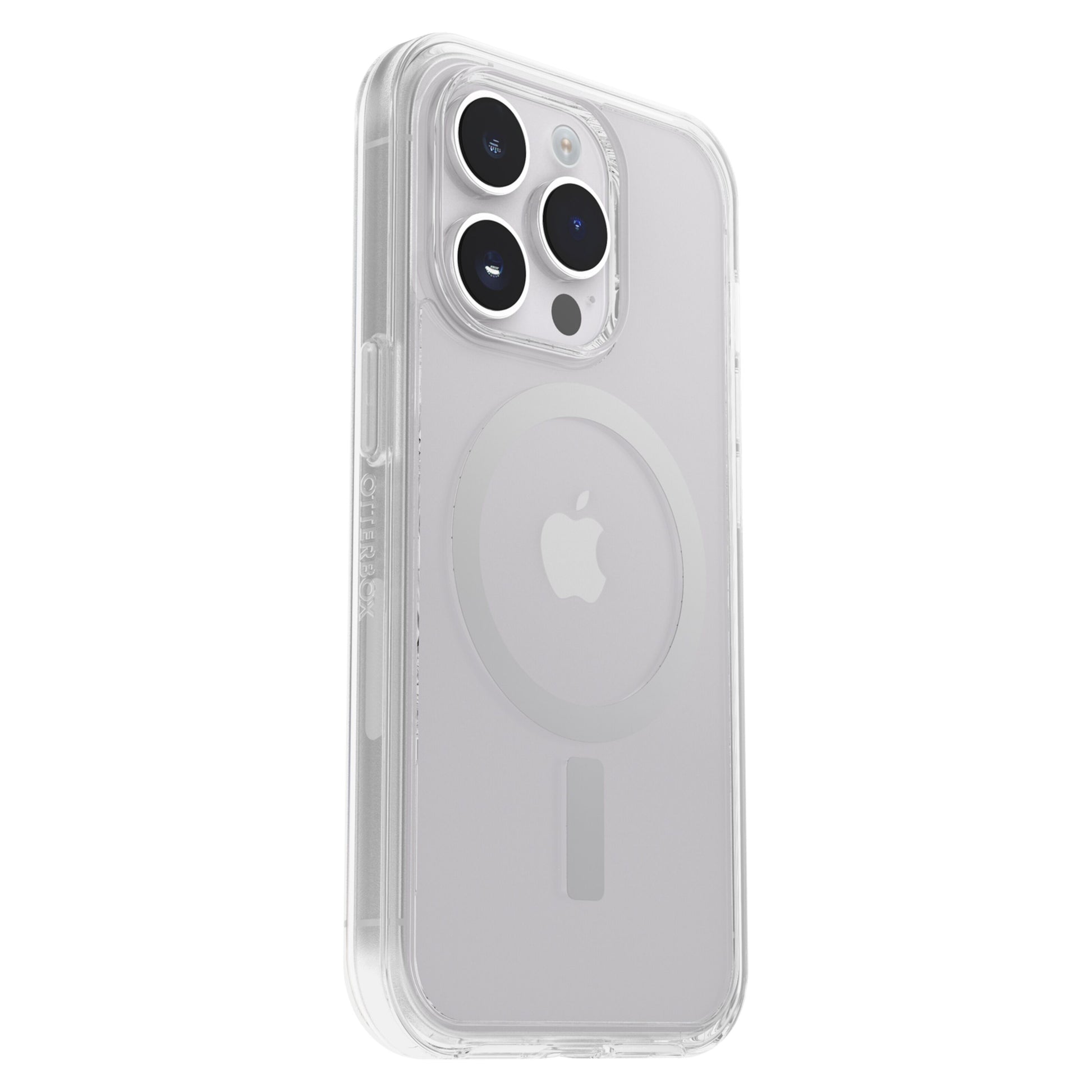 Otterbox Symmetry Plus cover til iPhone 14 Pro klar, viser sølvfarve, Apple-logo, MagSafe-ring og tre kameralinser.