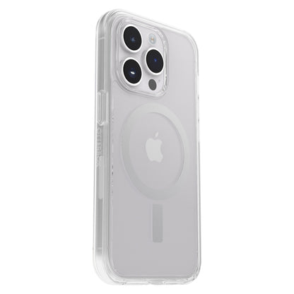 Otterbox Symmetry Plus cover til iPhone 14 Pro klar, viser sølvfarve, Apple-logo, MagSafe-ring og tre kameralinser.