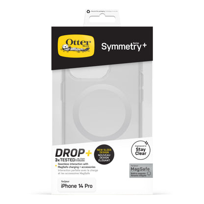 Otterbox Symmetry Plus cover til iPhone 14 Pro klar MagSafe-kompatibel Drop+ beskyttelse Stay Clear-mærkat synlig i emballage.
