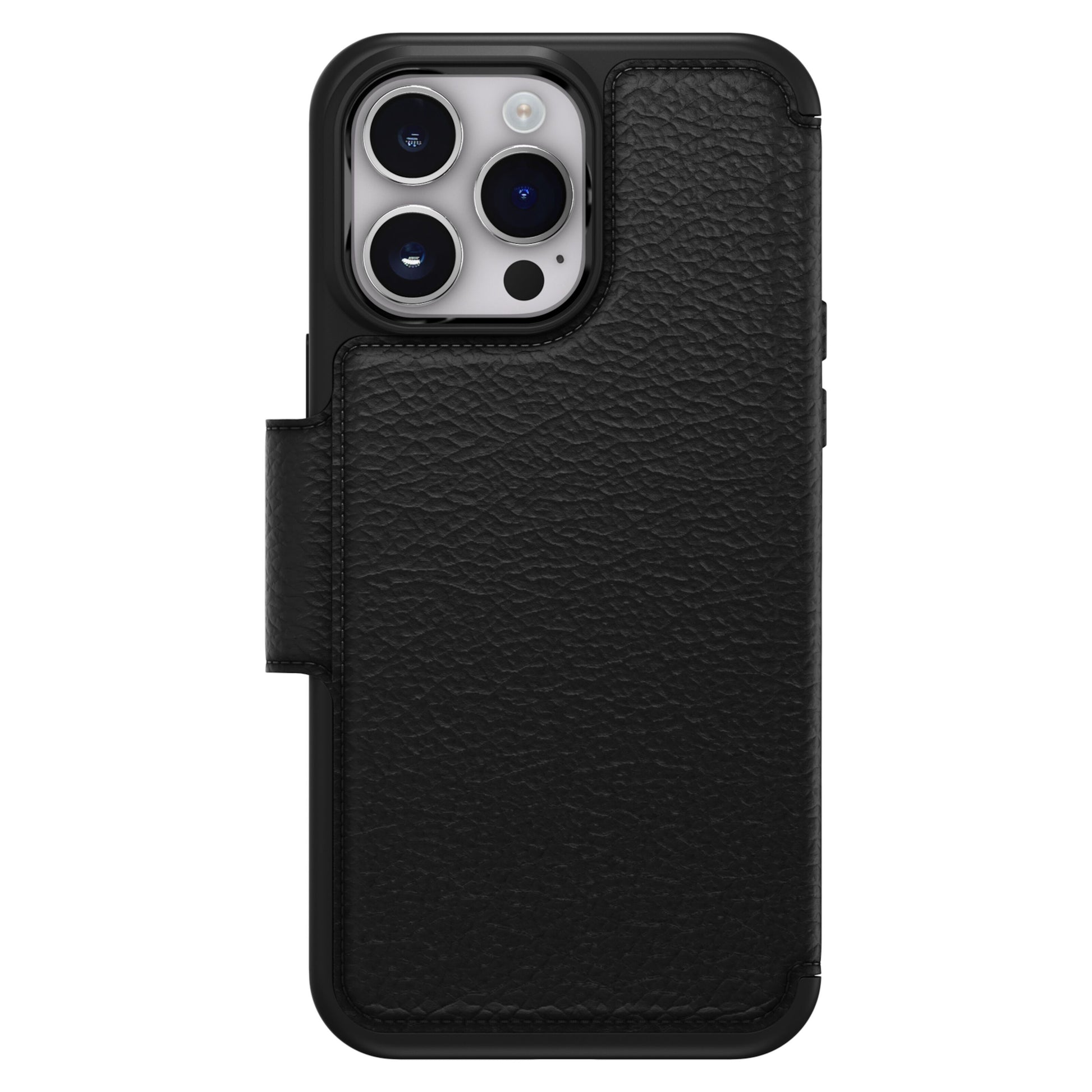 Otterbox Strada mobilcover til iPhone 14 Pro Max sort tekstureret læder punglomme til tre kameraer og blitz øverst venstre.