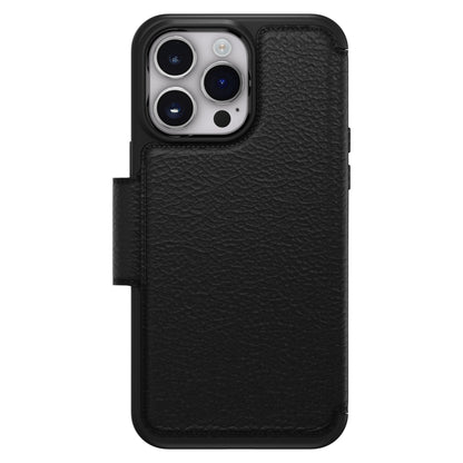 Otterbox Strada mobilcover til iPhone 14 Pro Max sort tekstureret læder punglomme til tre kameraer og blitz øverst venstre.