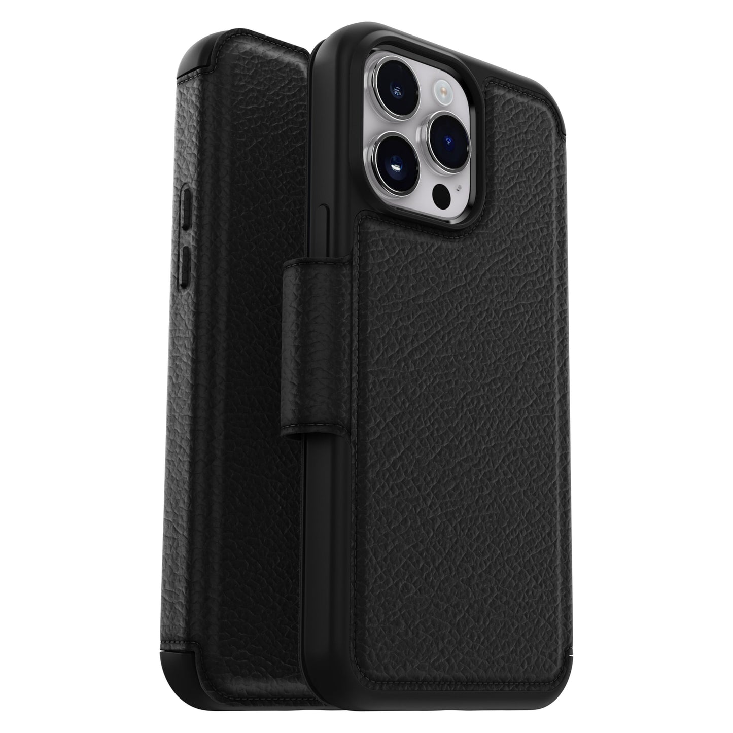Otterbox Strada mobilcover til iPhone 14 Pro Max sort, læderlook, foldecover og præcise udskæringer til kamera og knapper.