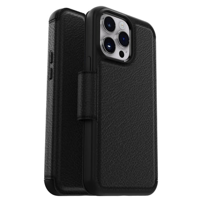 Otterbox Strada mobilcover til iPhone 14 Pro Max sort, læderlook, foldecover og præcise udskæringer til kamera og knapper.