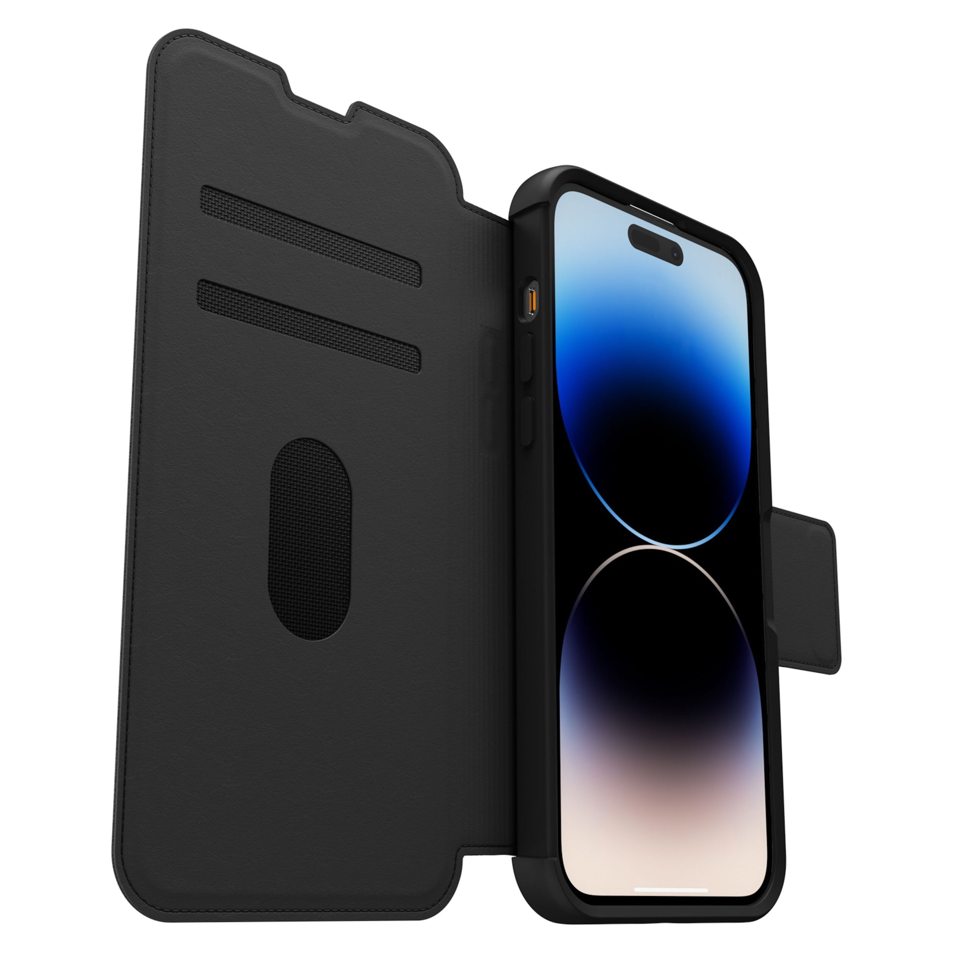 Otterbox Strada mobilcover i sort til iPhone 14 Pro Max, åben med blå/sort skærm og kortlommer med net-ID-vindue.