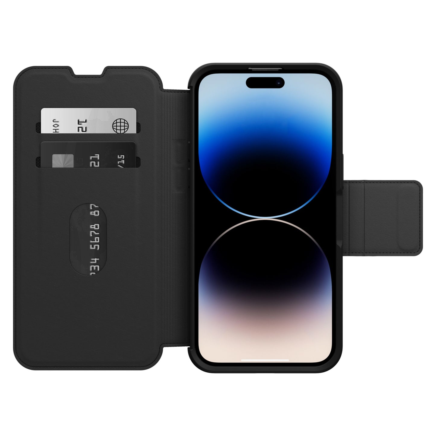IPhone 14 Pro Max i Otterbox Strada Holdbart mobilcover med kortholder, én synlig kreditkort, blå gradient-skærm, cover åbent.