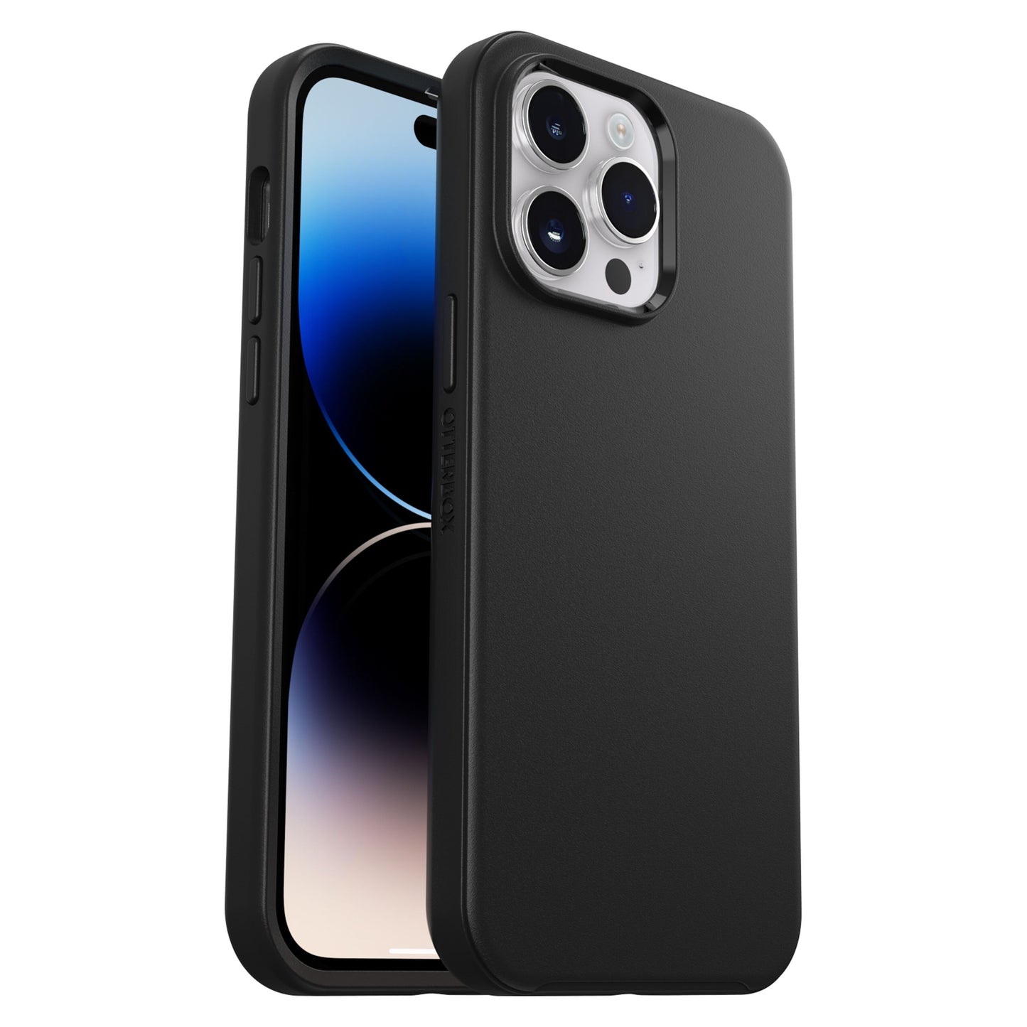 Otterbox Symmetry Plus cover til iPhone 14 Pro Max sort, vises på mobil med triple kamera, forside og bagcover synlige.