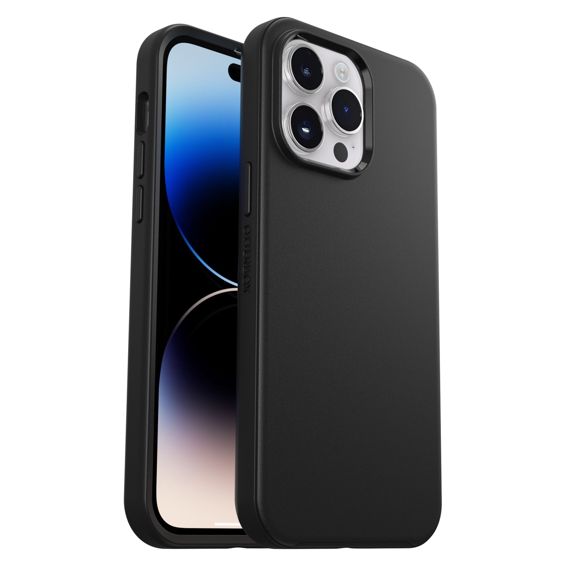 Otterbox Symmetry Plus cover til iPhone 14 Pro Max sort, vises på mobil med triple kamera, forside og bagcover synlige.
