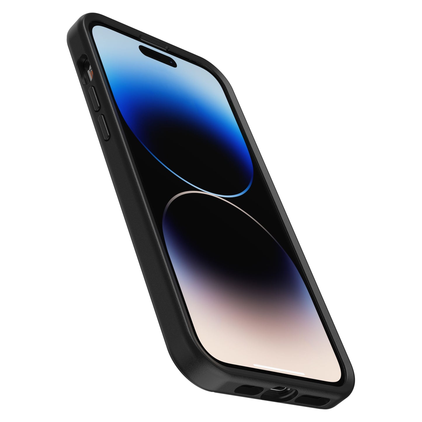 Otterbox Symmetry Plus cover til iPhone 14 Pro Max sort, vinklet med blå og beige skærmbaggrund, Dynamic Island, sideknapper.