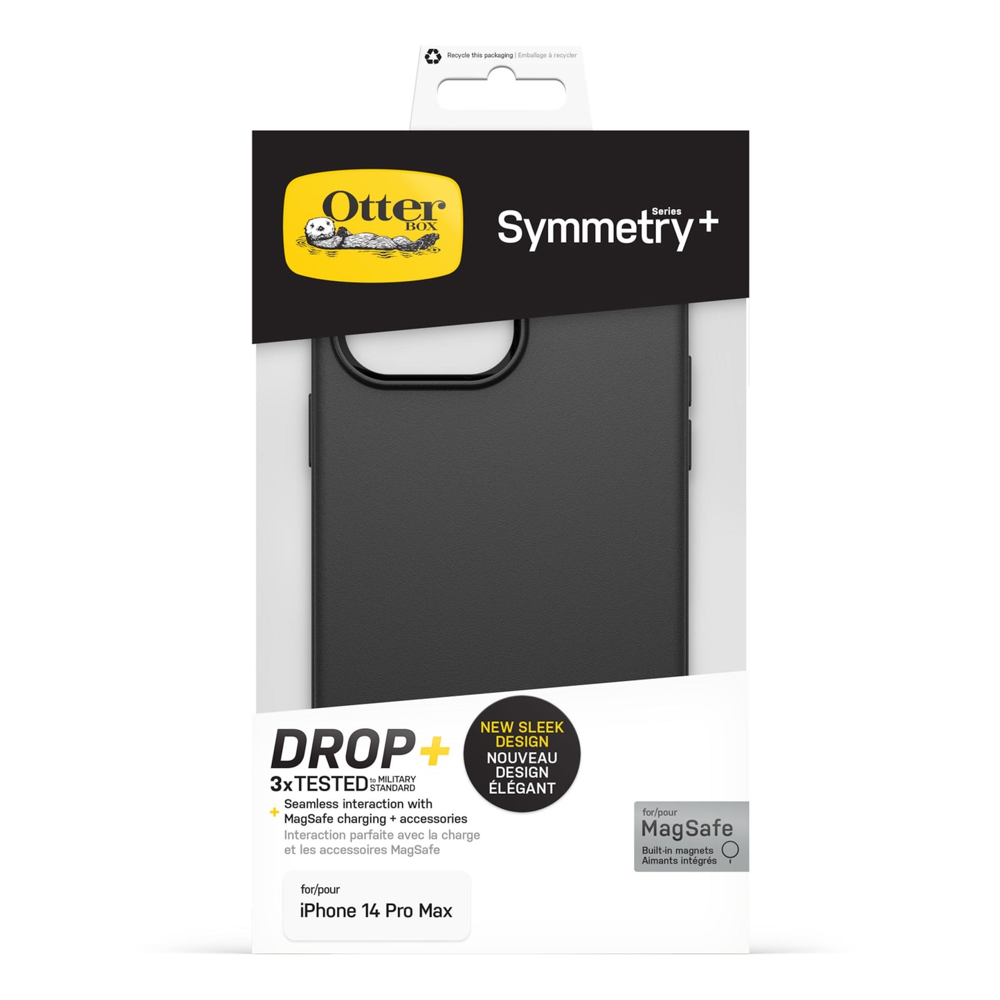 Otterbox Symmetry Plus cover til iPhone 14 Pro Max, sort emballage, MagSafe-understøttelse, DROP+ beskyttelse.