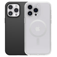 IPhone 14 Pro Max covers, sort Otterbox og transparent Otterbox Symmetry Plus med synligt Apple-logo og MagSafe-ring.