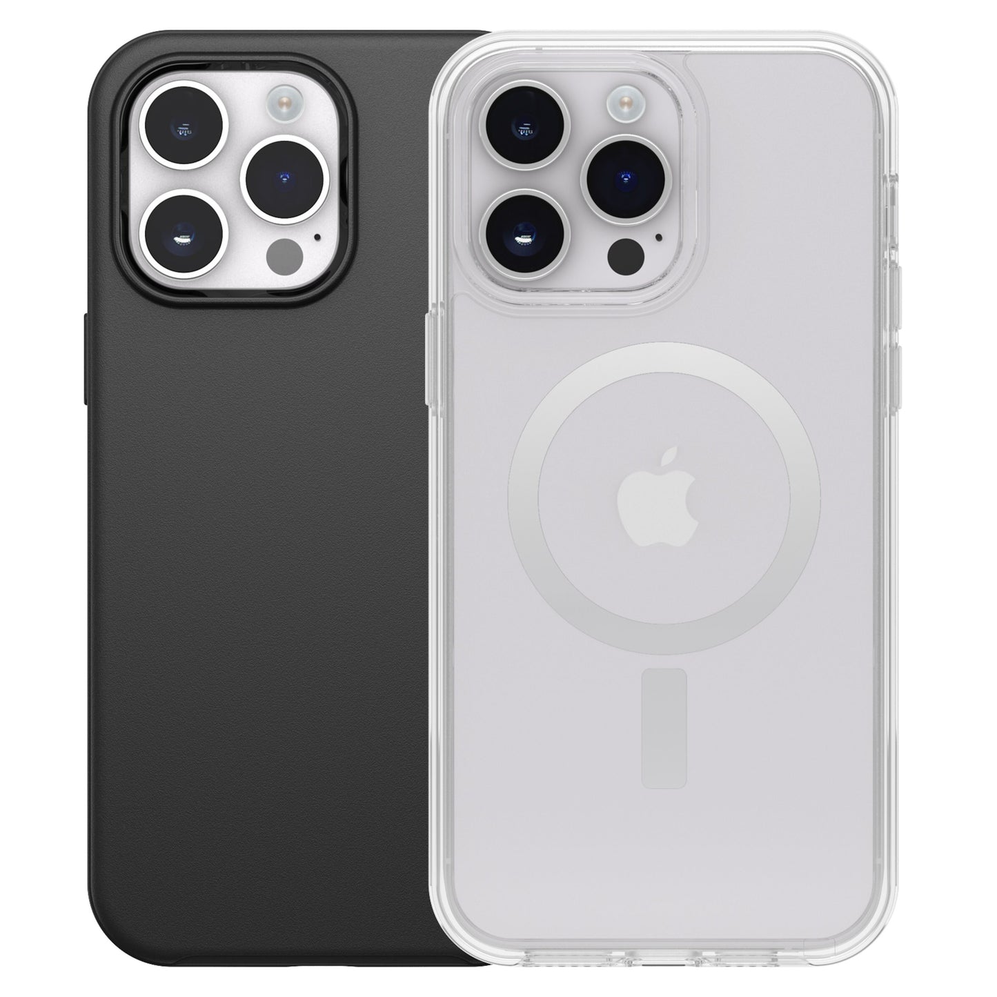 IPhone 14 Pro Max med sort cover og klart MagSafe-cover, begge med triple kameraer placeret øverst til venstre.