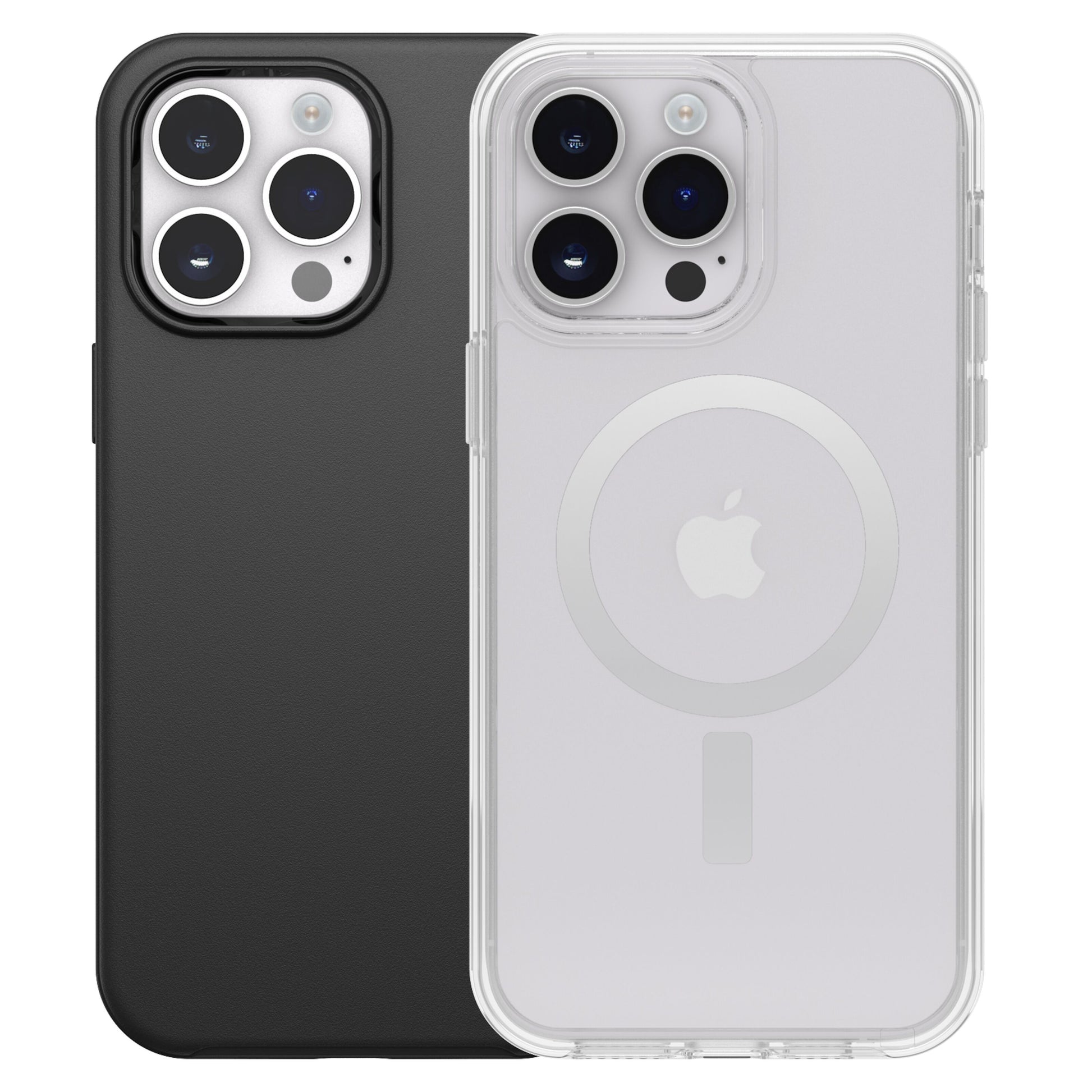 IPhone 14 Pro Max med sort cover og klart MagSafe-cover, begge med triple kameraer placeret øverst til venstre.
