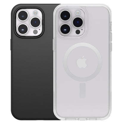 IPhone 14 Pro Max med sort cover og klart MagSafe-cover, begge med triple kameraer placeret øverst til venstre.