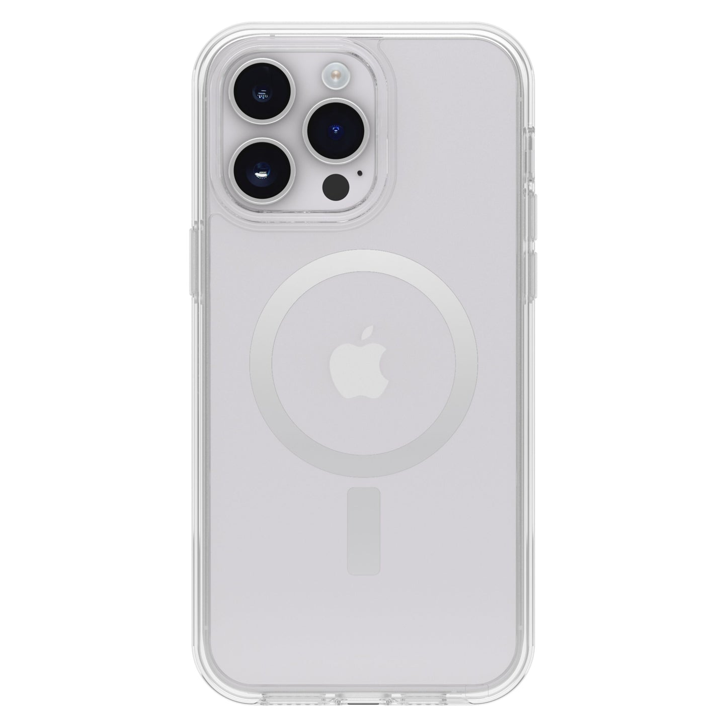 Otterbox Symmetry Plus gennemsigtigt cover til iPhone 14 Pro Max med MagSafe-ring, vist på sølv iPhone med tre bagkameraer og Apple-logo.