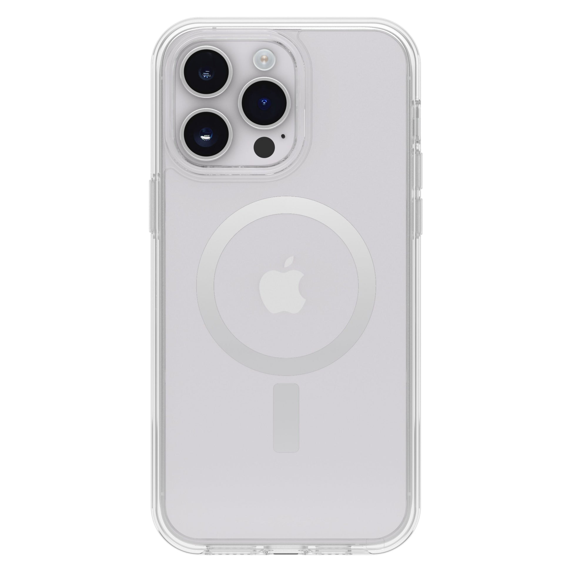 Otterbox Symmetry Plus gennemsigtigt cover til iPhone 14 Pro Max med MagSafe-ring, vist på sølv iPhone med tre bagkameraer og Apple-logo.