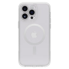 Otterbox Symmetry Plus gennemsigtigt cover til iPhone 14 Pro Max med MagSafe-ring, vist på sølv iPhone med tre bagkameraer og Apple-logo.