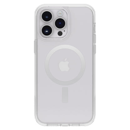 Otterbox Symmetry Plus gennemsigtigt cover til iPhone 14 Pro Max med MagSafe-ring, vist på sølv iPhone med tre bagkameraer og Apple-logo.