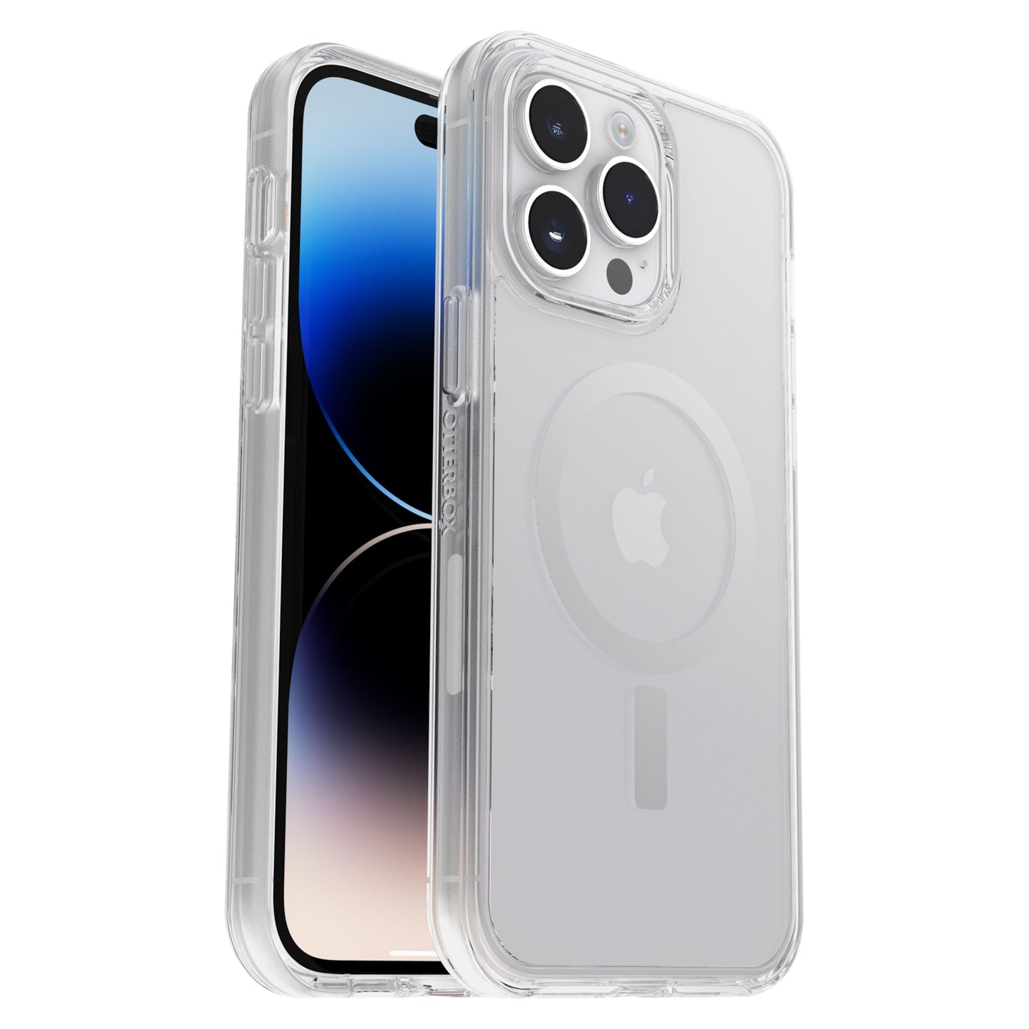 Otterbox Symmetry Plus cover til iPhone 14 Pro Max Klar med synligt Apple-logo, kamera og gennemsigtigt design.