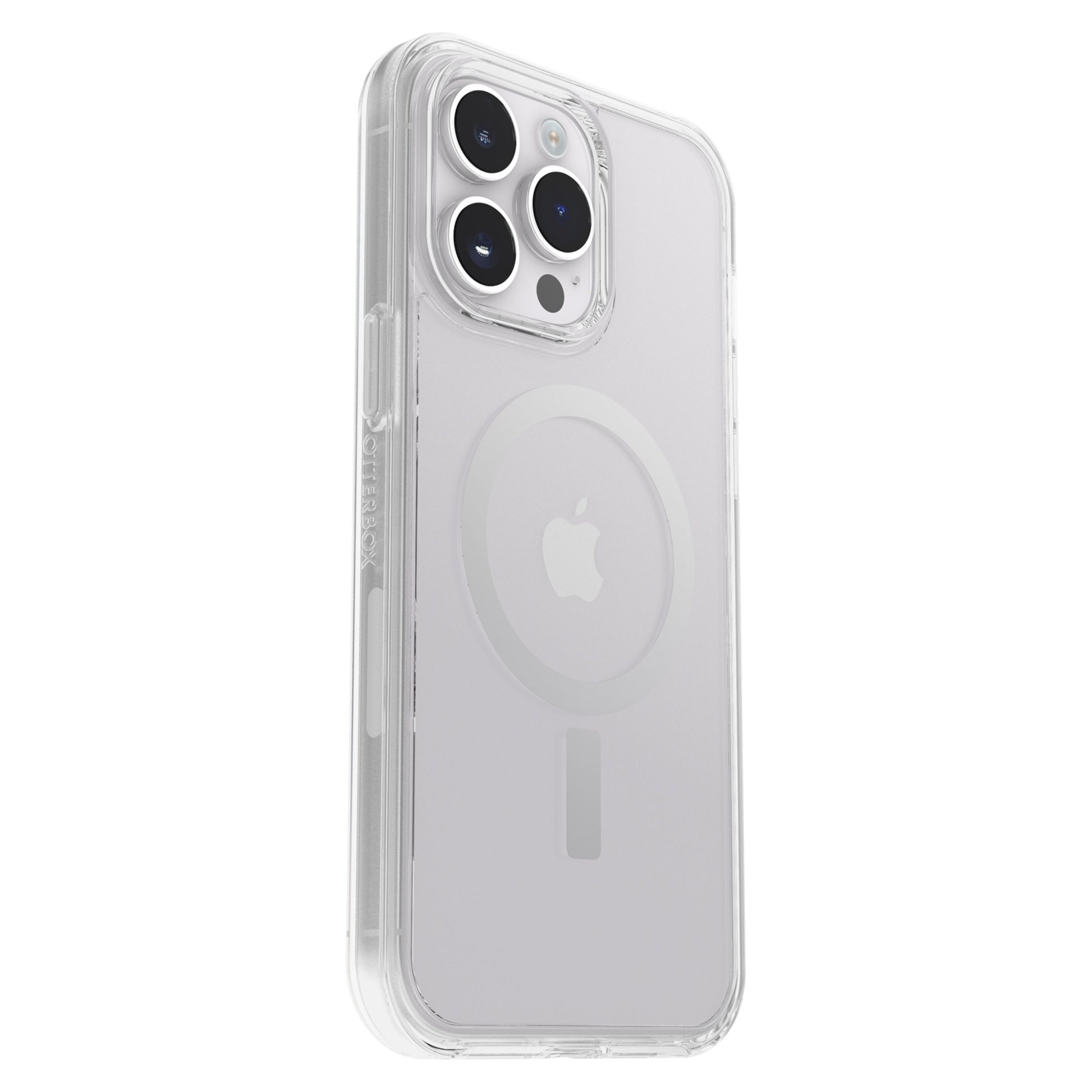 Otterbox Symmetry Plus klar cover til iPhone 14 Pro Max, viser Apple-logo og tre kameraer, kompatibelt med MagSafe.