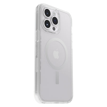 Otterbox Symmetry Plus klar cover til iPhone 14 Pro Max, viser Apple-logo og tre kameraer, kompatibelt med MagSafe.