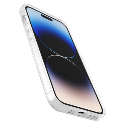 IPhone 14 Pro Max med Symmetry Plus Klar cover, afrundede kanter, kamerahul i top, blå-beige abstrakt skærm.