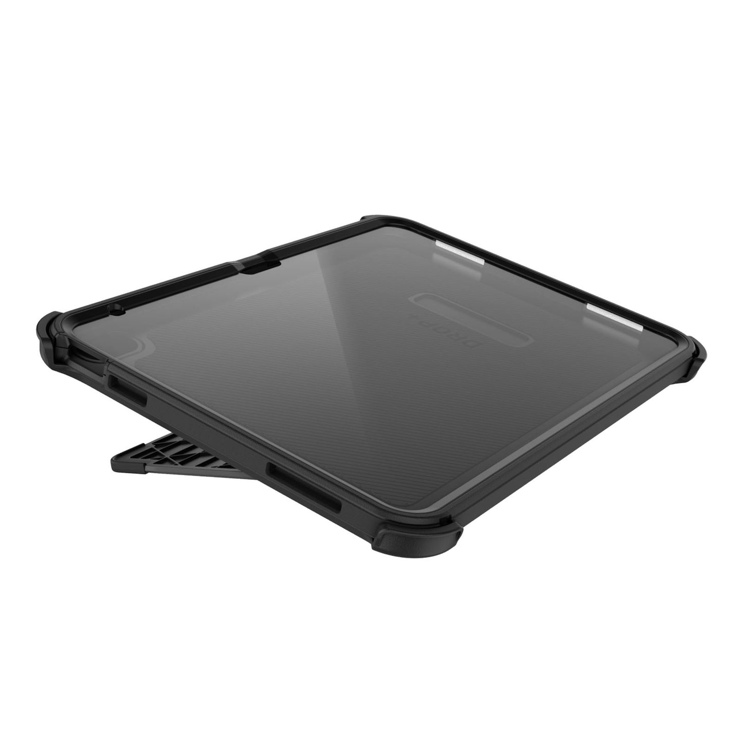 Otterbox Defender cover til iPad 10,9" 10. gen sort med forstærkede hjørner, gennemsigtig bagside og stander.