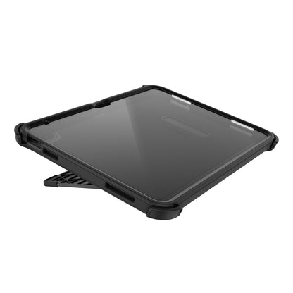 Otterbox Defender cover til iPad 10,9" 10. gen sort med forstærkede hjørner, gennemsigtig bagside og stander.