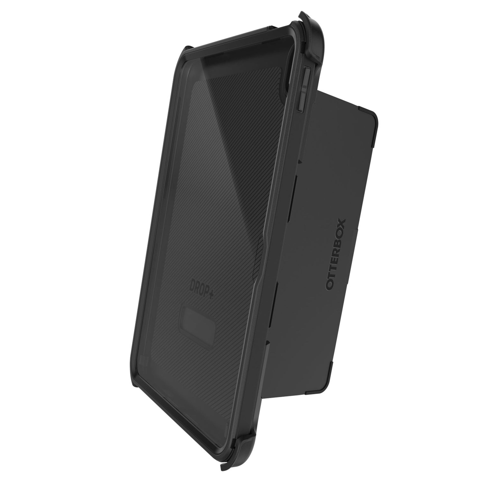 Sort Otterbox Defender etui til iPad 10,9" (10. generation) med åbent cover, robuste kanter og tekstureret bagside.