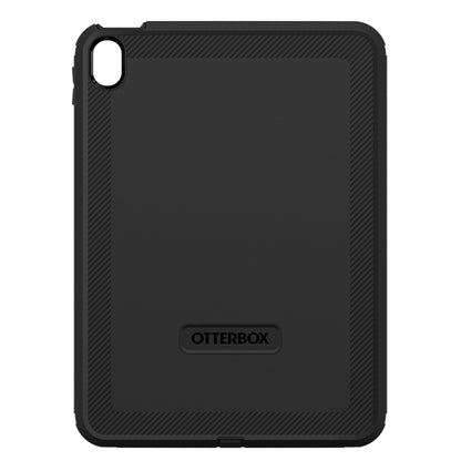 Sort Otterbox Defender etui til iPad 10,9" (10. gen.) bagside, tekstureret kant, kamerahul øverst til venstre, logo i midten.