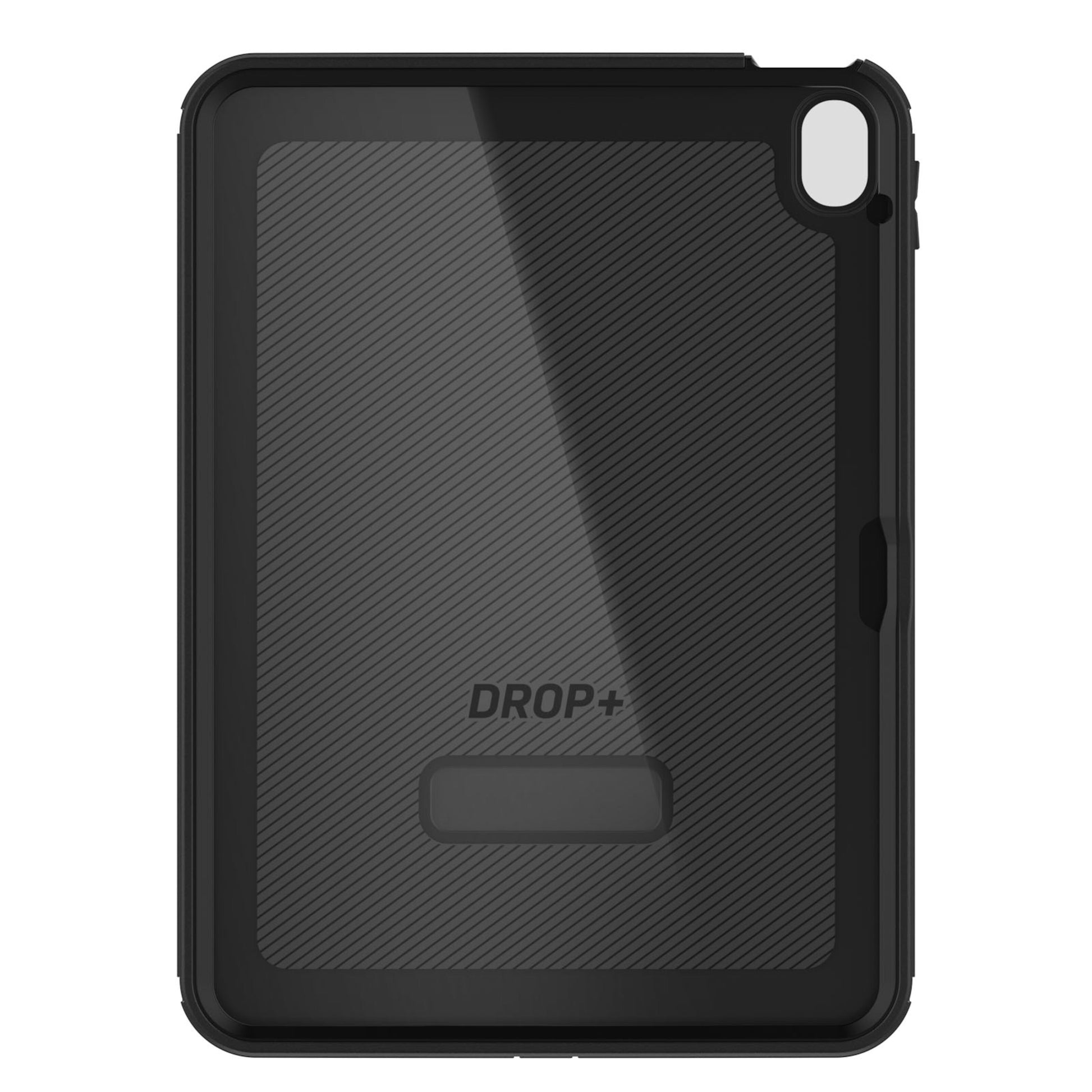 Otterbox Defender etui til iPad 10,9" 10. gen sort, mønstrede diagonaler, gennemsigtig bagside med DROP+ logo, udskæringer.