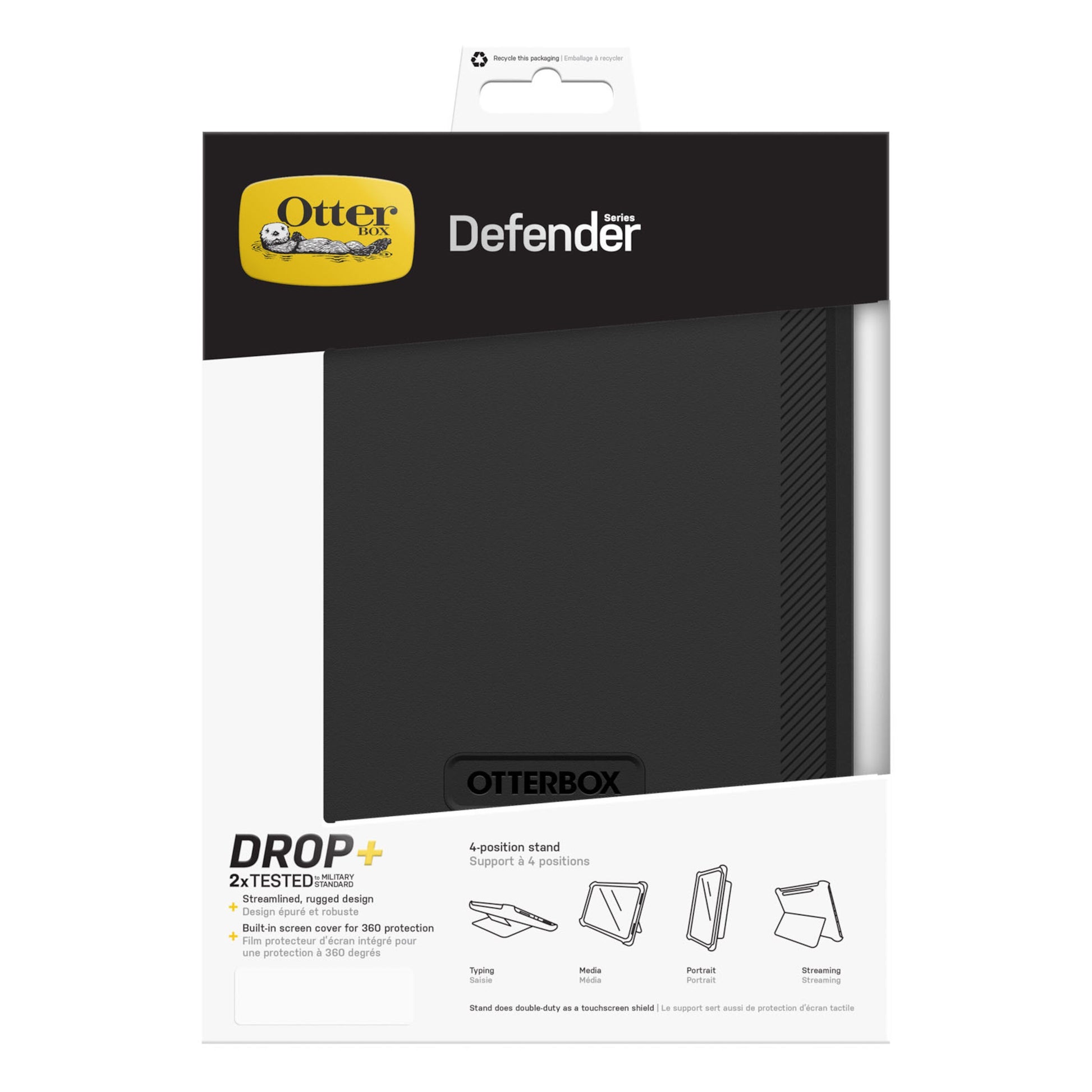 Otterbox Defender etui til iPad 10,9" (10. gen), sort, vises i emballage med Otterbox-logo og fire-positioners standfunktion.