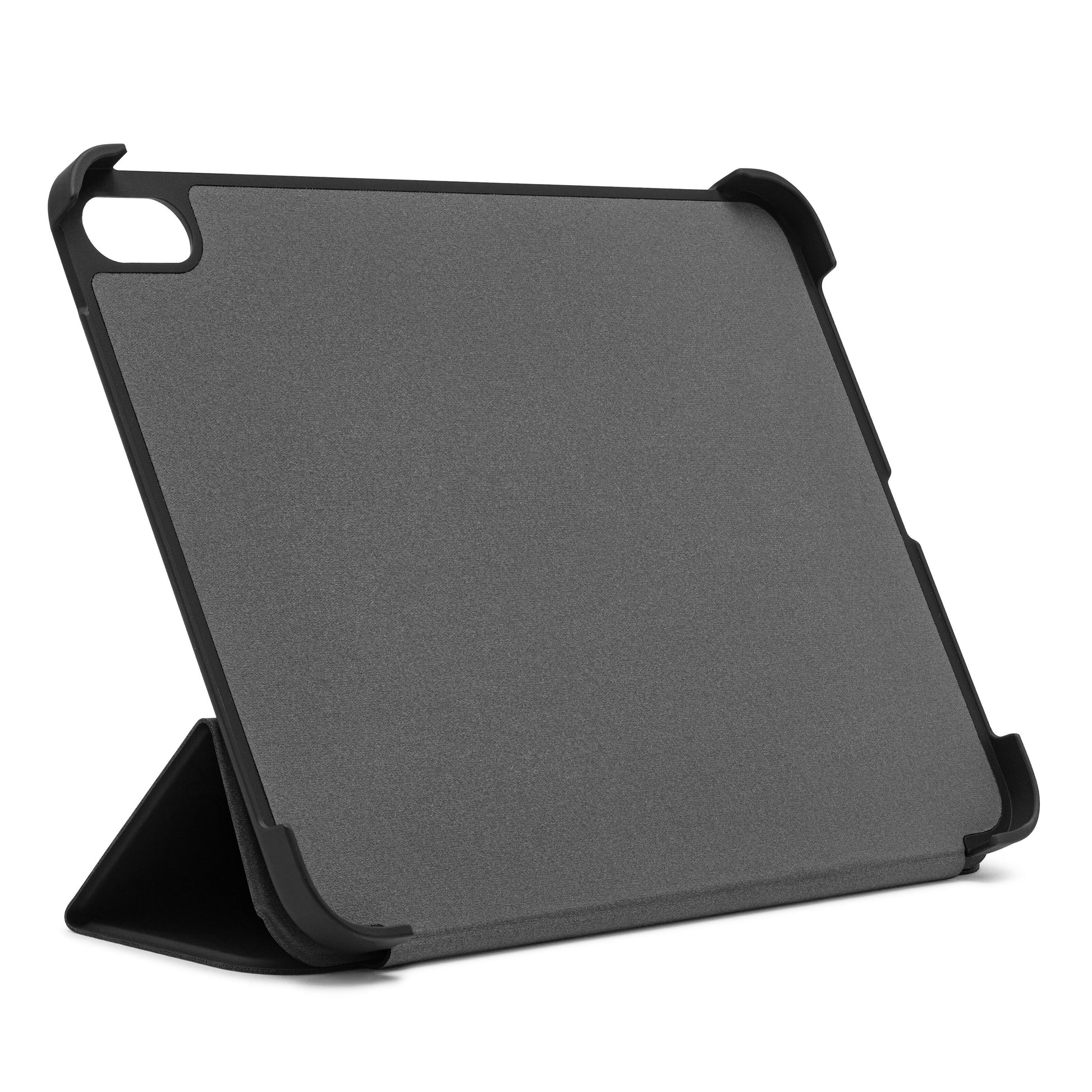 Sort Tre-lags etui til iPad 10,9" (10. gen) med tekstureret grå inderside, forstærkede hjørner og trekantede standere.