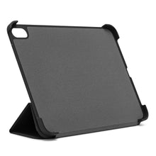 Sort Tre-lags etui til iPad 10,9" (10. gen) med tekstureret grå inderside, forstærkede hjørner og trekantede standere.
