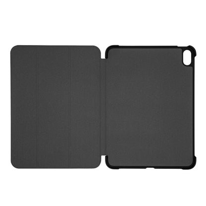 Sort Linocell Tre-lags etui til iPad 10,9 (10. gen.) med blød inderfor, venstre frontklap og kamerahul øverst hjørne.