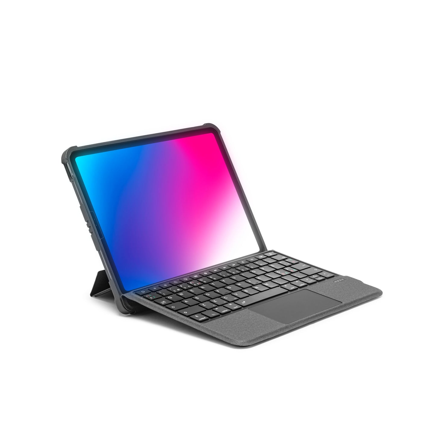 Tastaturcover til iPad 10,9" Gen. 10/11 sort med touchpad og Bluetooth-tastatur, opsat som laptop, gradient-skærm.