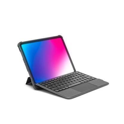 Tastaturcover til iPad 10,9" Gen. 10/11 sort med touchpad og Bluetooth-tastatur, opsat som laptop, gradient-skærm.