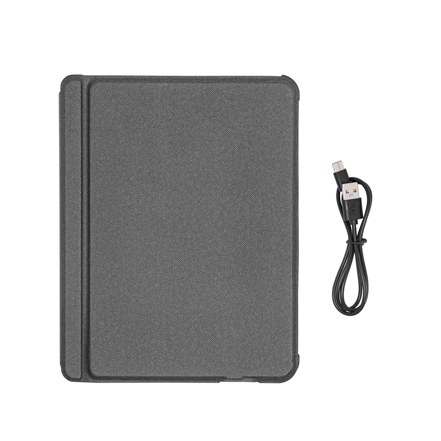 Gråt tastaturcover til iPad 10,9" Gen. 10 og 11 ved siden af sort USB-kabel med micro USB-stik.