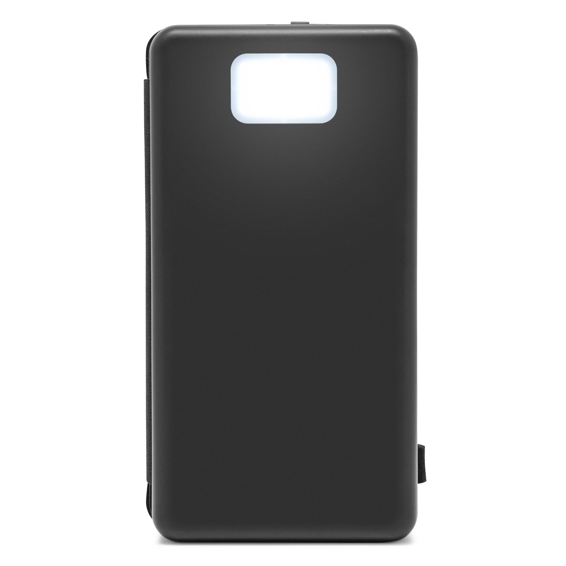 Linocell Powerbank sort, rektangulær, 8000 mAh, solcelleopladning, hvid LED i topcenter, 20 W opladning.