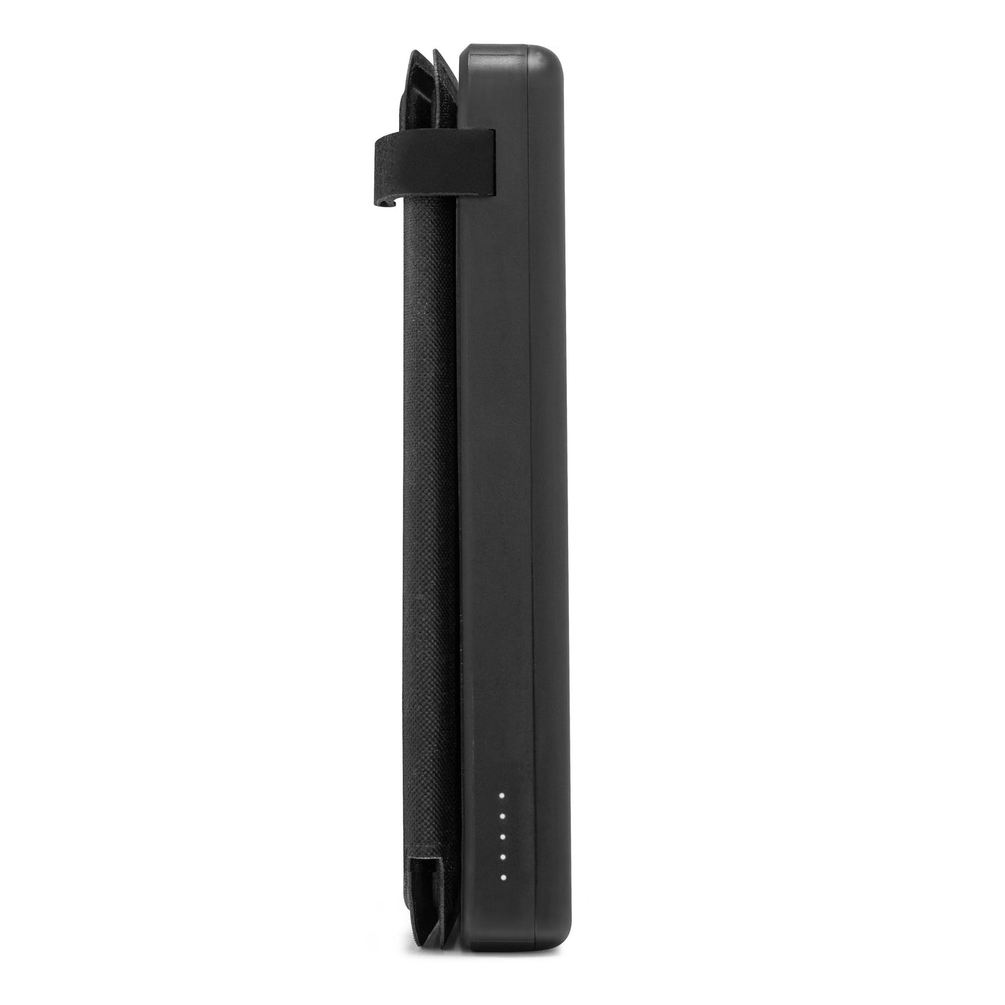 Sort rektangulær powerbank med solcelleopladning 8000 mAh 20 W, fire LED-indikatorer nederst, stofrem på siden.