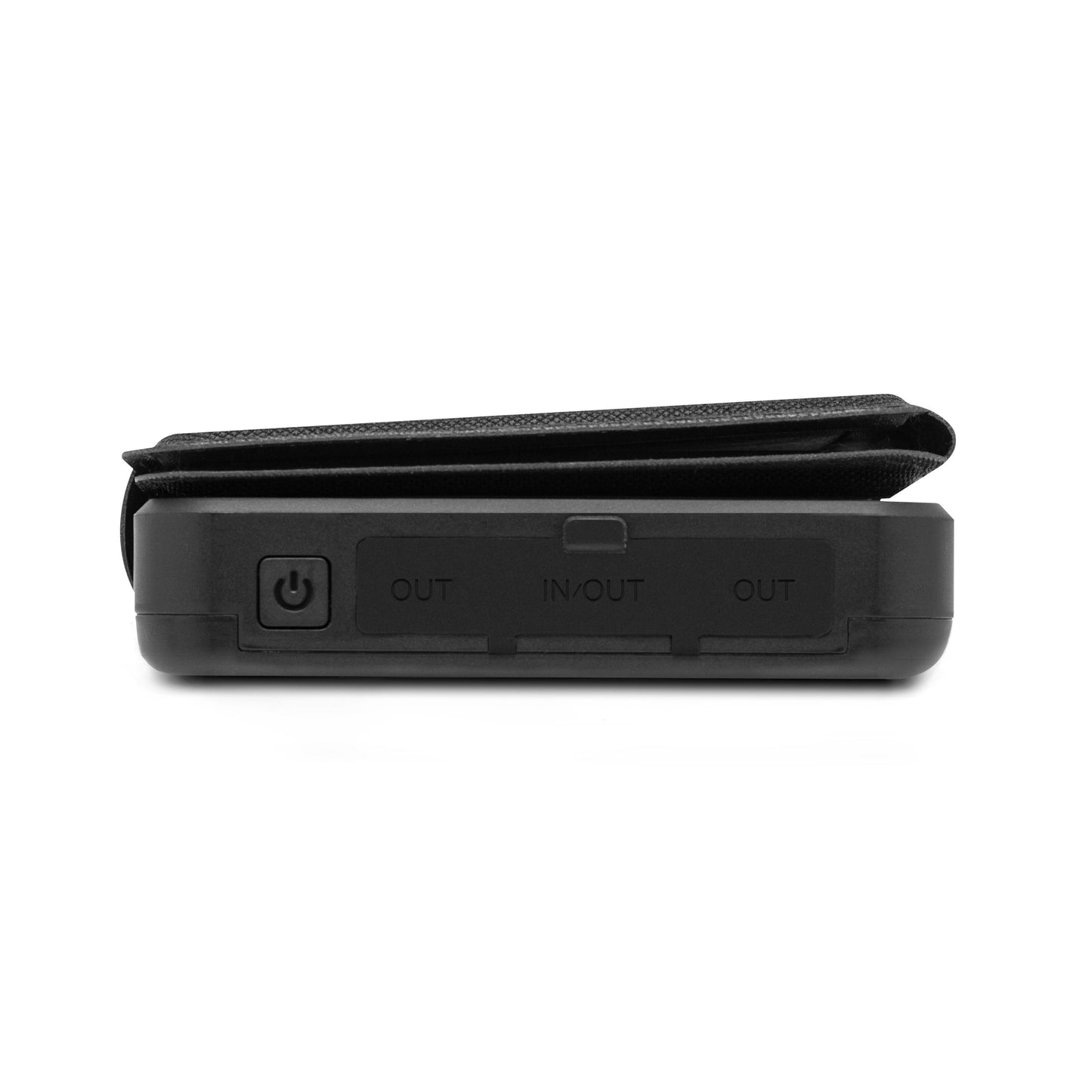 Linocell powerbank sort, solcelleopladning 20 W 8000 mAh, power-knap, tre porte.
