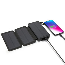 Linocell powerbank med solcelle, 30 W, 16000 mAh, tre foldbare paneler, USB-port, opladeikon og delvist batteri vises.
