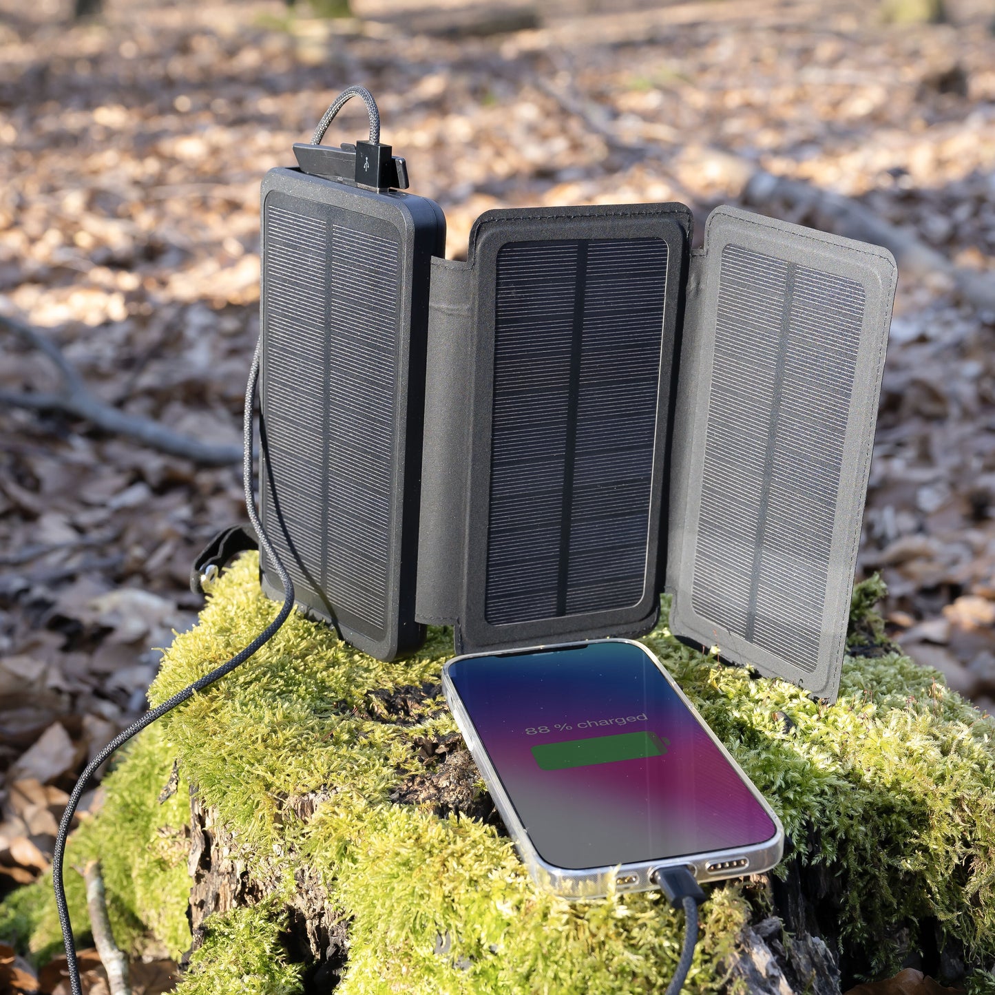 Linocell powerbank med solcelleopladning 30 W 16000 mAh oplader smartphone via USB på træstub i skov.