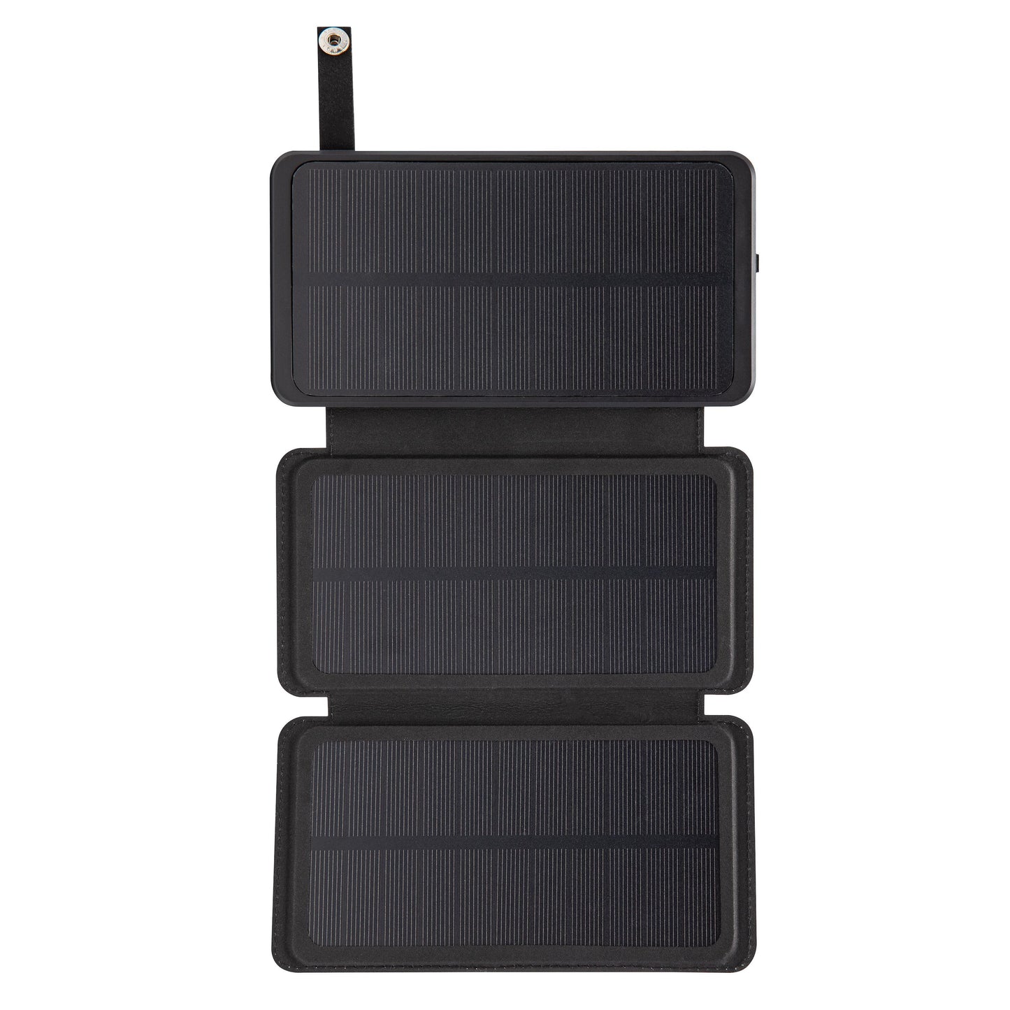 Linocell powerbank med solcelle, 30 W, 16000 mAh, sort foldbart design med tre solpaneler og rem med metalring.