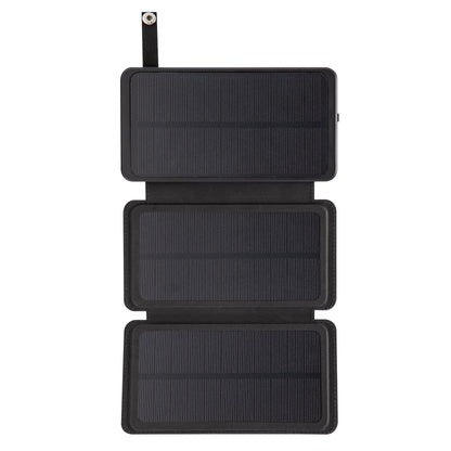Linocell powerbank med solcelle, 30 W, 16000 mAh, sort foldbart design med tre solpaneler og rem med metalring.