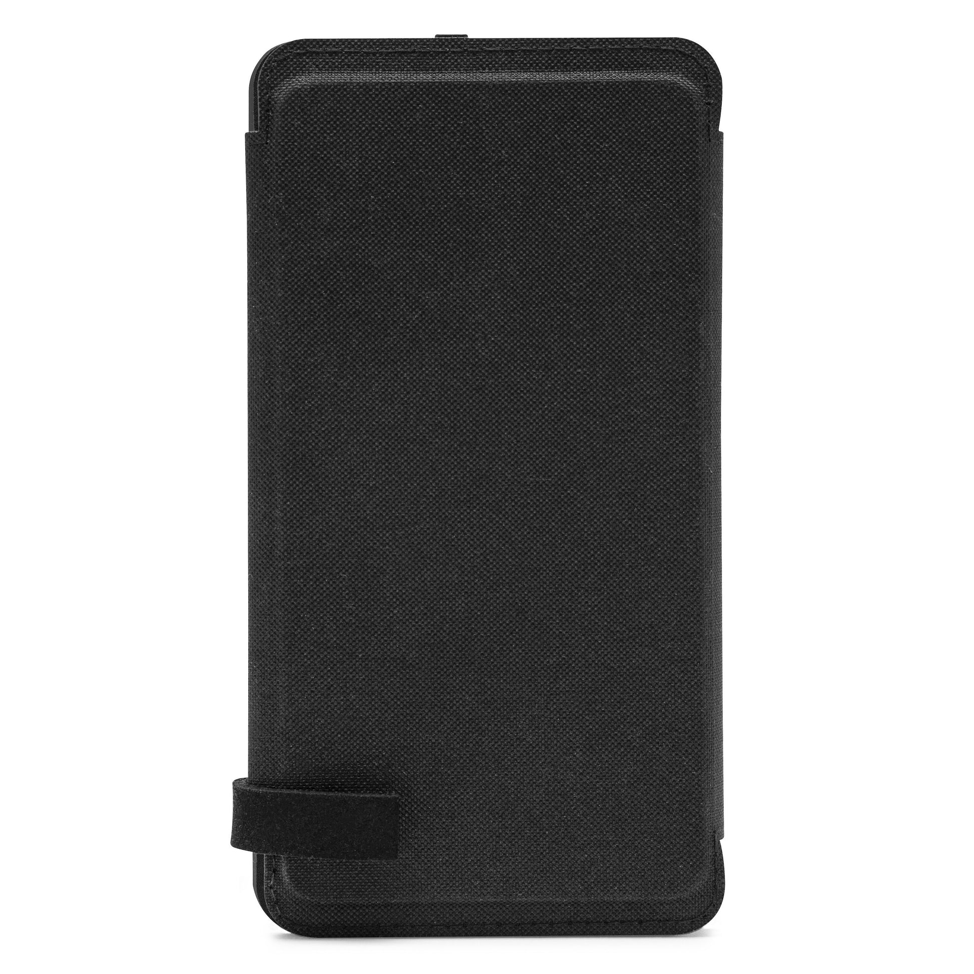 Sort tekstureret flip cover med magnetlukning, vist lukket, kompatibel med powerbank 30 W 16000 mAh solcelleopladning.