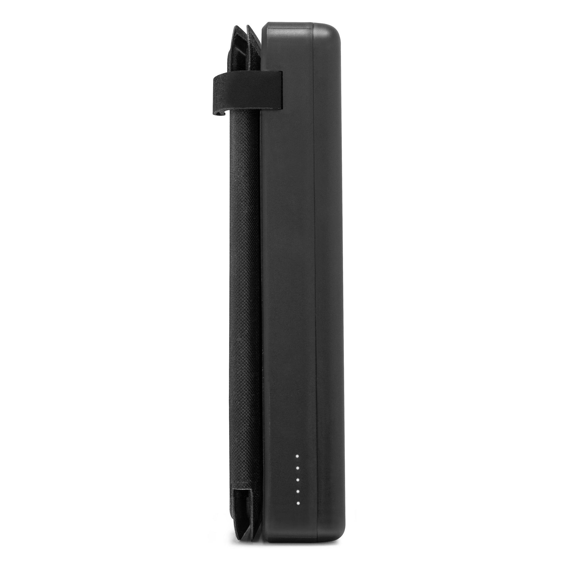 Linocell Powerbank solcelleopladning 30 W 16000 mAh sort, tekstureret sektion, rem, fire indikatorlys, sideview.